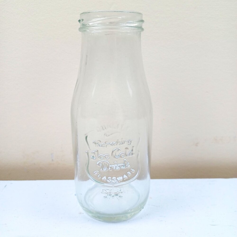 Vintage Glass Milk Bottle With Embossed "Quality Refreshing Ice Cold Drinks Glas
